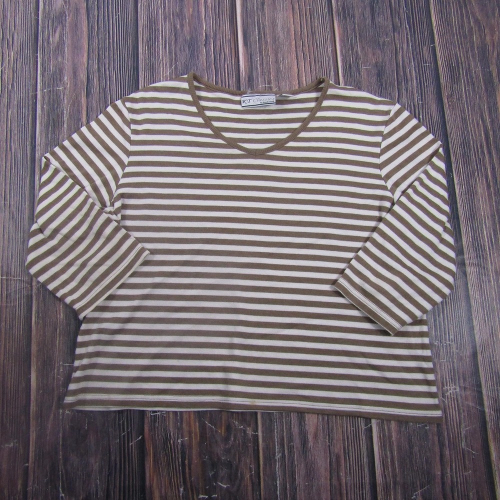 KT Classics Shirt Womens L Brown Striped V Neck 3/4 Sleeve Jersey Granny Core